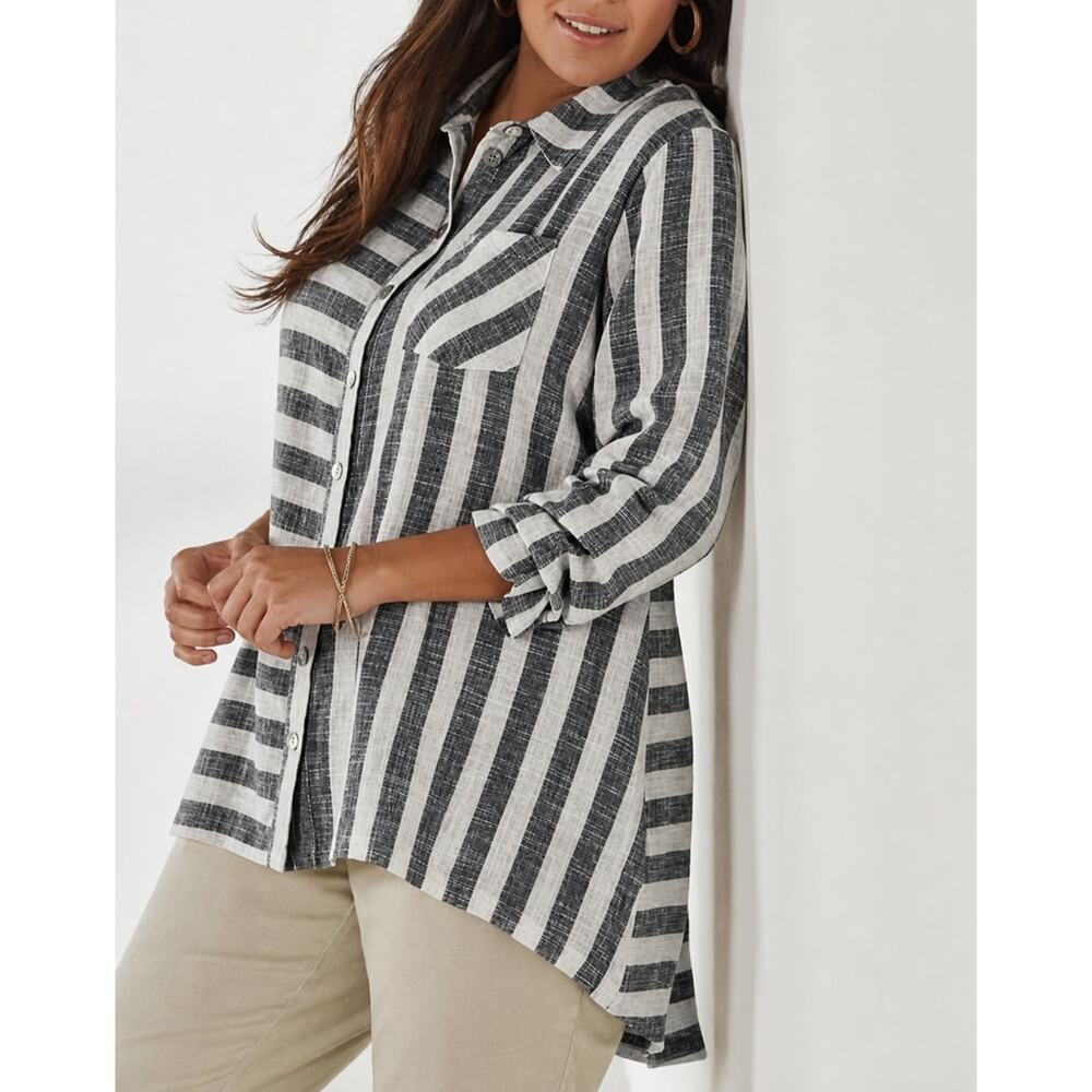 Soft Surroundings Camina Linen Blend Hi Lo Striped Tunic Top Blouse Coastal 2X